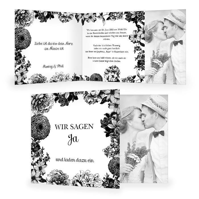 Hochzeitseinladung als Klappkarte mit Blumen in Schwarz