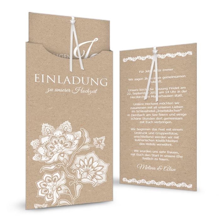 Florale Einsteckkarte als Hochzeiteinladung im Kraftpapierstil