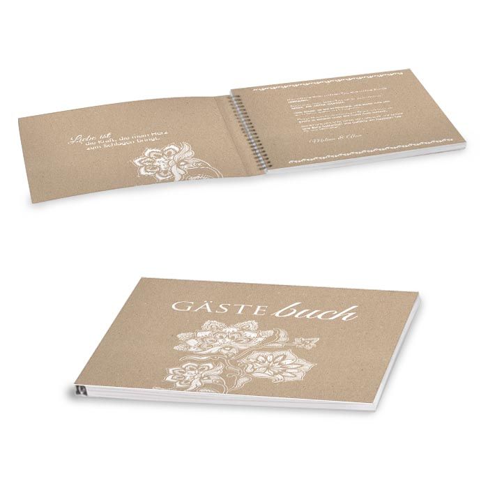 Gästebuch mit Umschlag in Kraftpapieroptik mit weißen Blumen