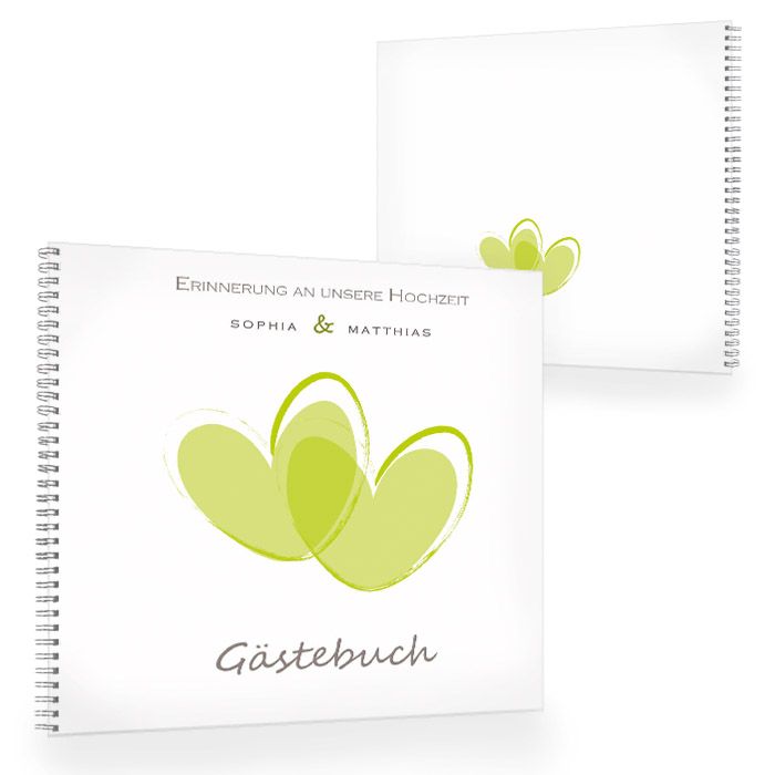 Modernes Gästebuch zur Hochzeit mit zwei Herzen in Grün