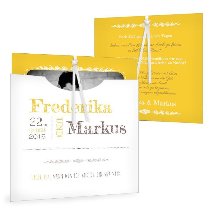 Hochzeitseinladung in Gelb als quadratische Einsteckkarte