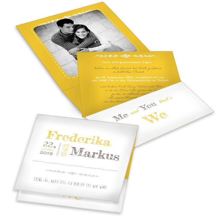 Moderne Hochzeitseinladung in Gelb mit cooler Schrift