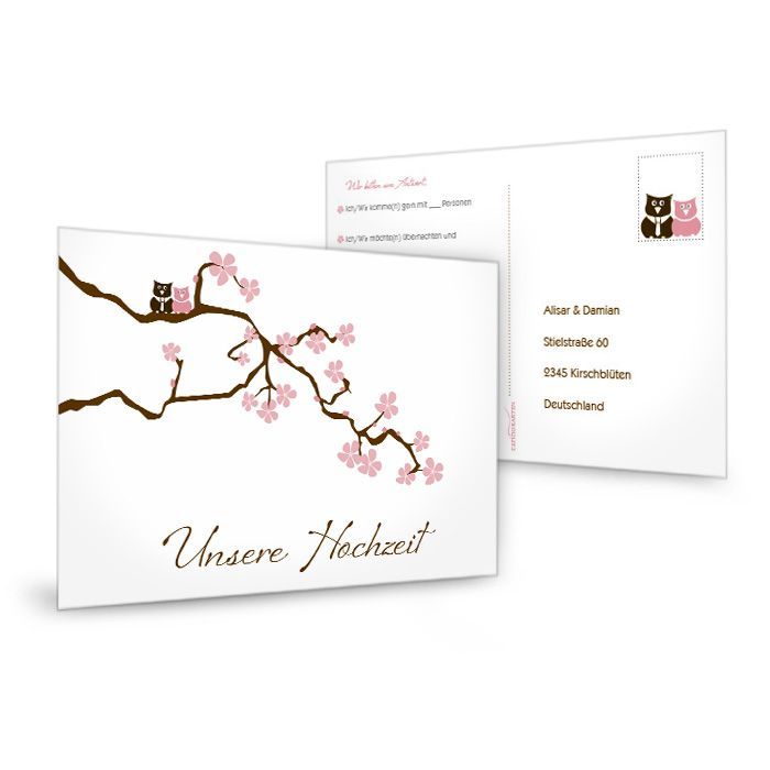 Antwortkarte zur Hochzeit mit Kirschblütenzweig und Eulen