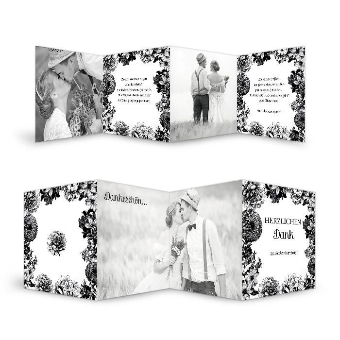 Florale Danksagungkarte zur Hochzeit in Schwarz-Weiß