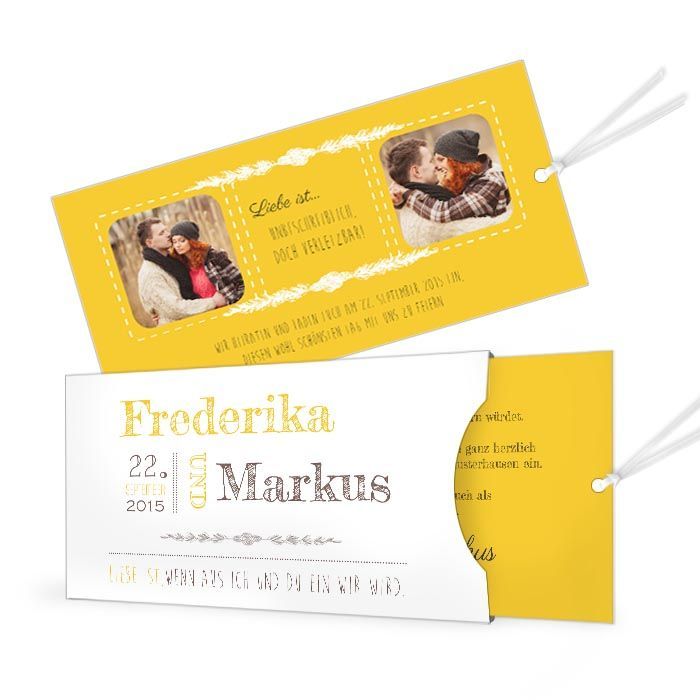 Hochzeitseinladung mit cooler Schrift in Gelb als Einsteckkarte