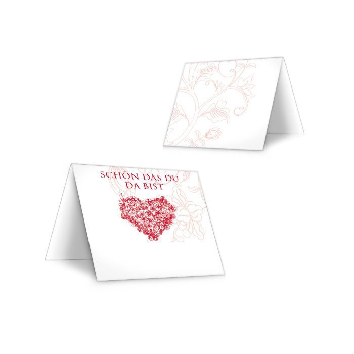 Romantische Tischkarte zur Hochzeit mit Herz in Rot und Weiß