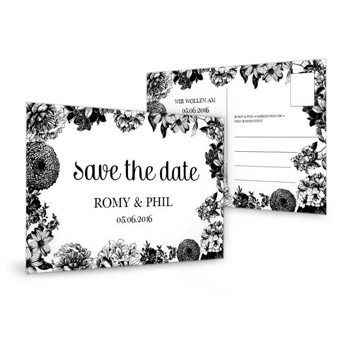 Save the Date Karte zur Hochzeit in Schwarz Weiß mit Blumen