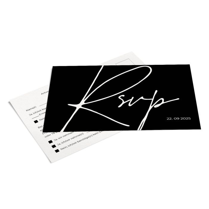 Antwortkarte für eure Hochzeitseinladung im Schwarz Weiß Stil mit Handlettering