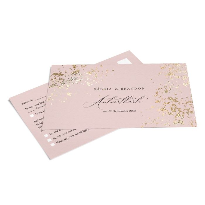 Antwortkarte zu Ihrer Hochzeitseinladung in Rose mit Goldsparkles