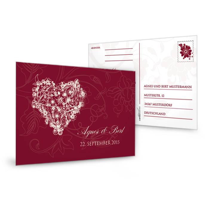 Antwortkarte zur Hochzeitseinladung mit Herz in Bordeaux