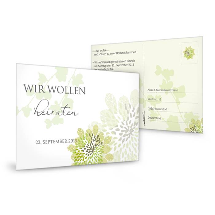 Antwortkarte zur Hochzeit mit floralem Muster in Grün