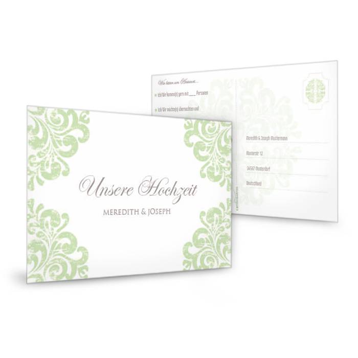 Edle Antwortkarte zur Hochzeit mit barockem Muster in Grün