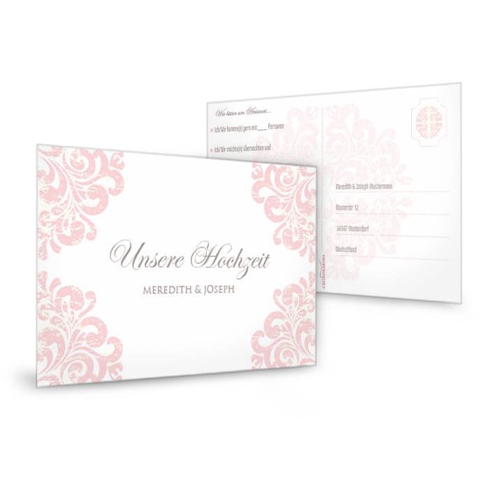 Edle Antwortkarte zur Hochzeit mit barockem Muster in Rosa