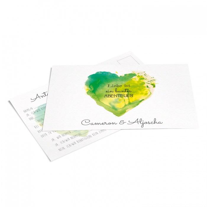 Antwortkarte zur Hochzeit mit Watercolor Herz in Grün