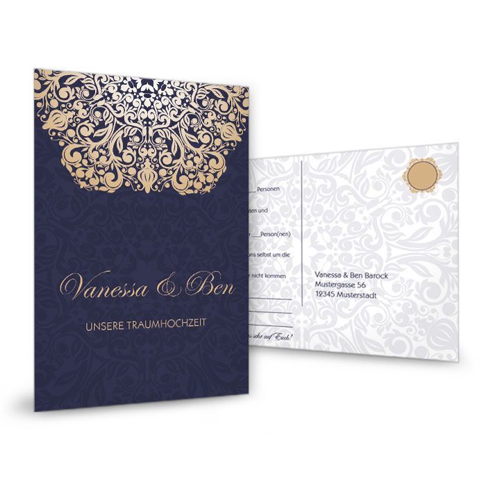 Antwortkarte zur Hochzeit im barocken Design in Gold und Blau