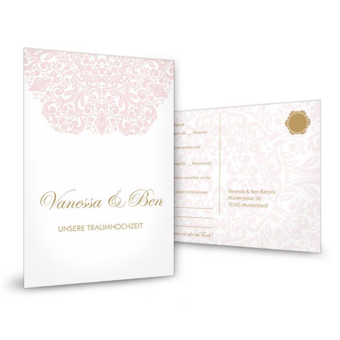 Antwortkarte zur Hochzeit mit barocken Design in Rosa