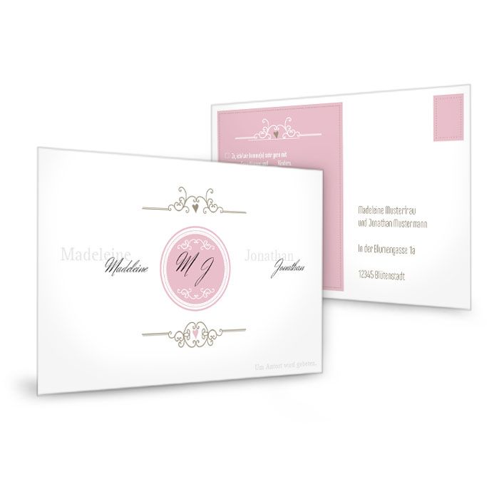 Antwortkarte zur Hochzeitseinladung mit Monogramm in Rosa