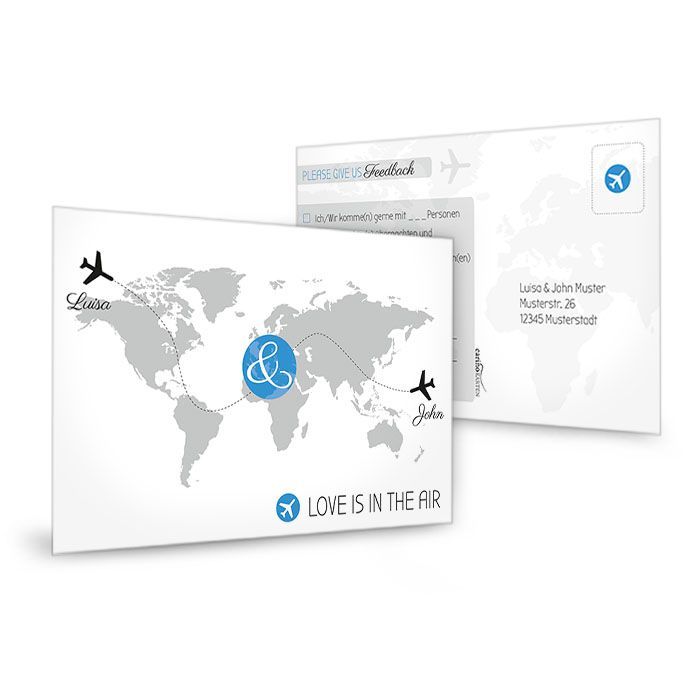 Antwortkarte mit Weltkarte und Flugzeugen in Blau