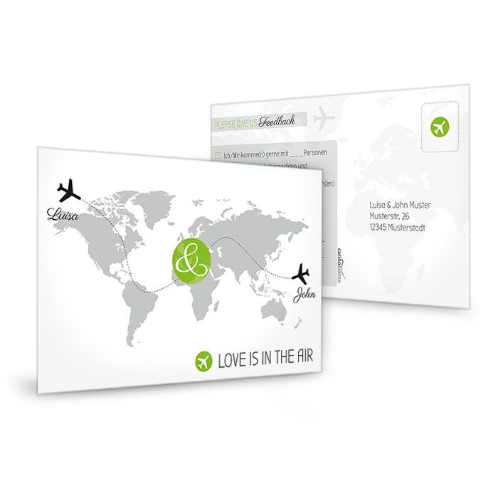 Antwortkarte mit Weltkarte und Flugzeugen in Grün