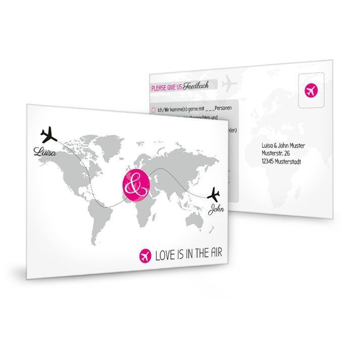 Antwortkarte mit Weltkarte und Flugzeugen in Pink
