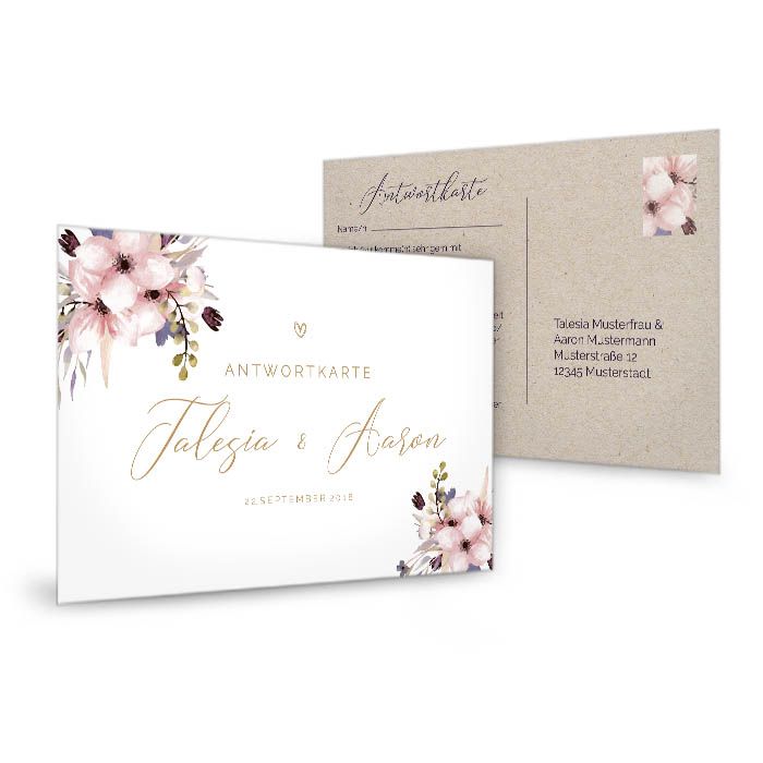 Antwortkarte zur Hochzeitseinladung mit zarten Aquarellblumen