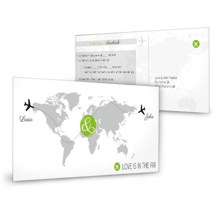 Antwortkarte zur Einladung mit Weltkarte und Flugzeugen in Grün