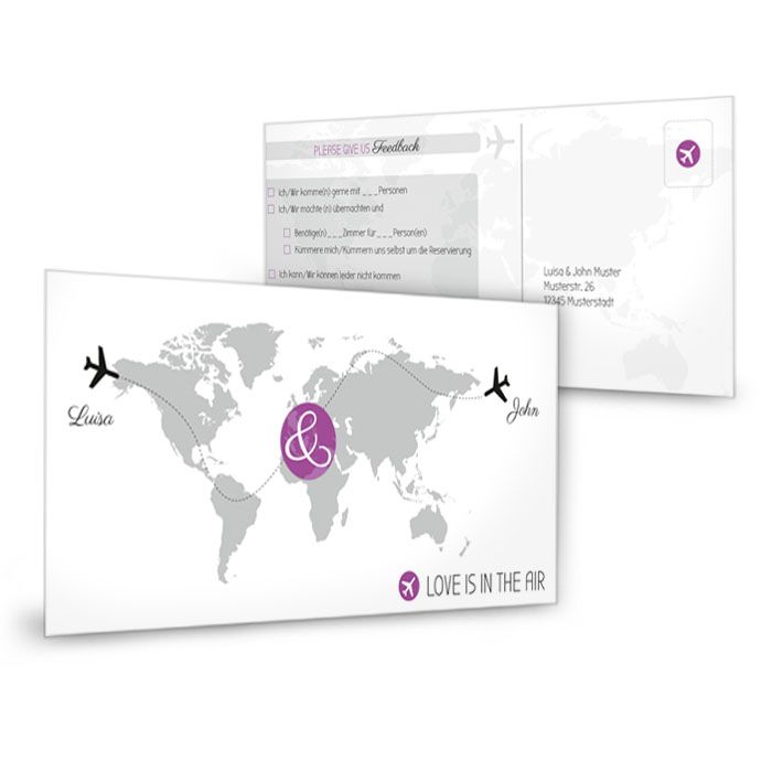 Antwortkarte zur Einladung mit Weltkarte und Flugzeugen in Lila