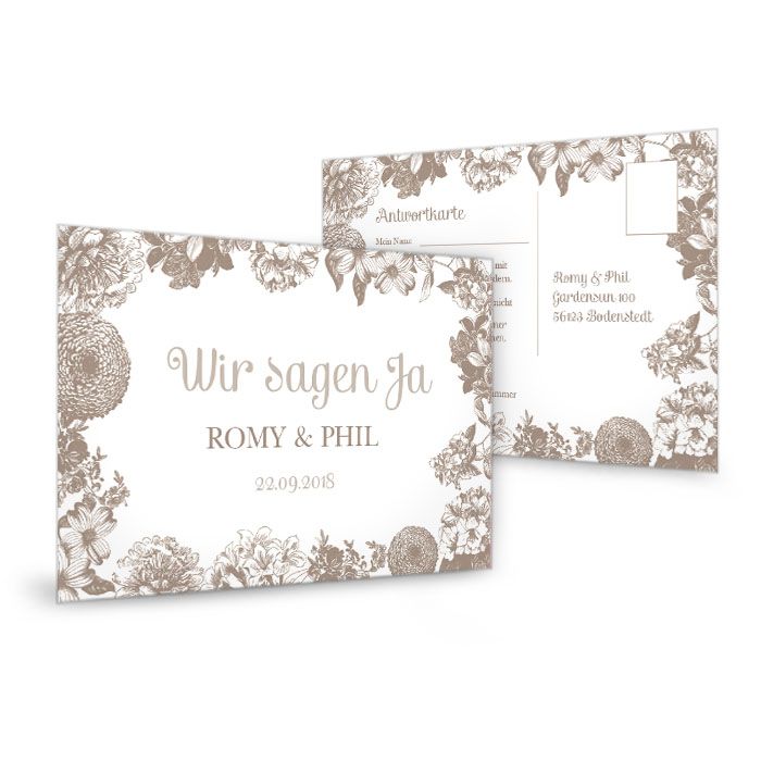 Florale Antwortkarte zur Hochzeit in Braun und Weiß