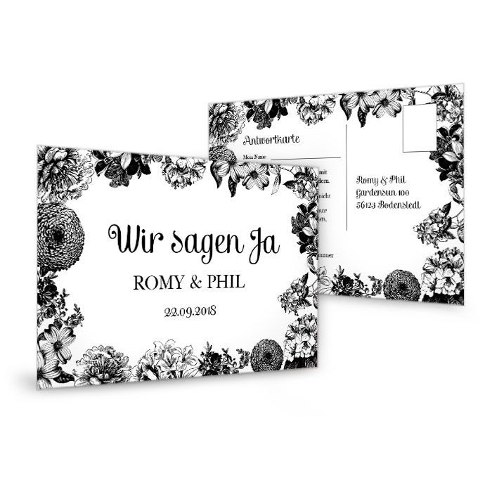 Florale Antwortkarte zur Hochzeit in Schwarz und Weiß