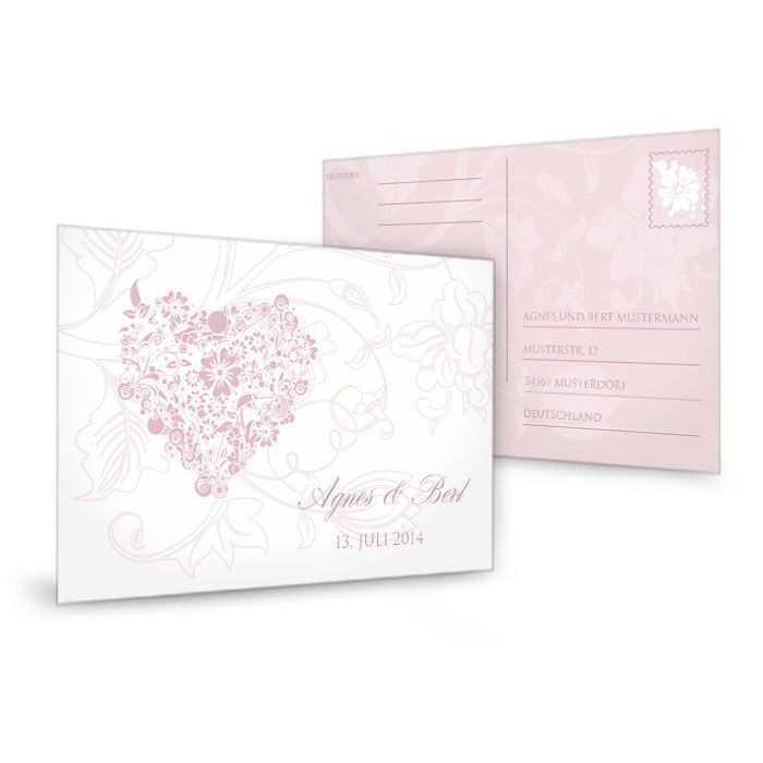 Antwortkarte zur Hochzeitseinladung mit floralem Herz in Rosa