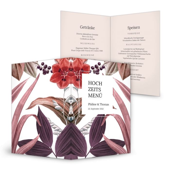 Ausgefallene Menükarte für die extravagante Hochzeitstafel im modernen Blumendesign