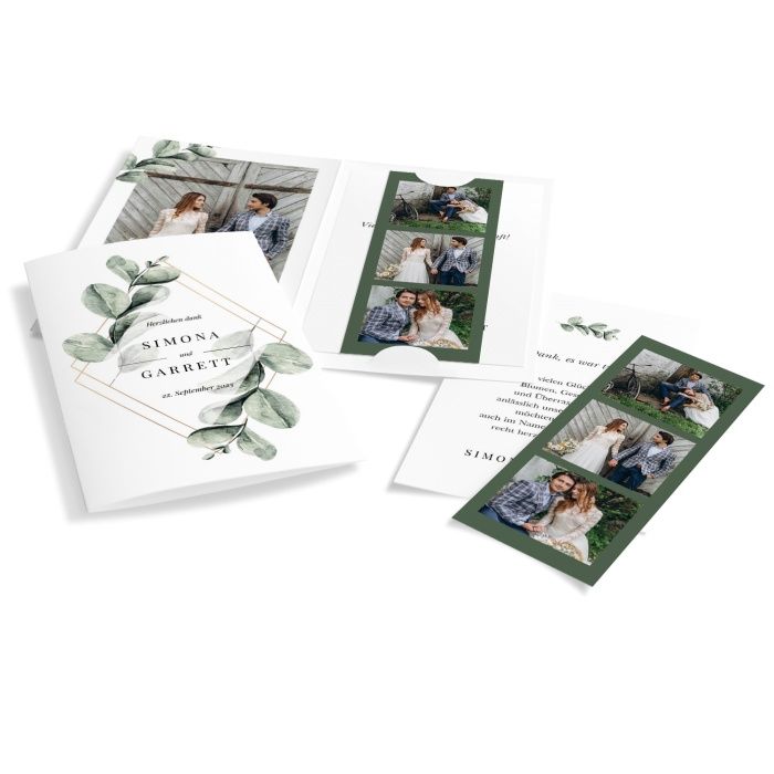 Außergewöhnliche Greenery Hochzeitsdanksagung mit Eukalyptus und Fotostreifen