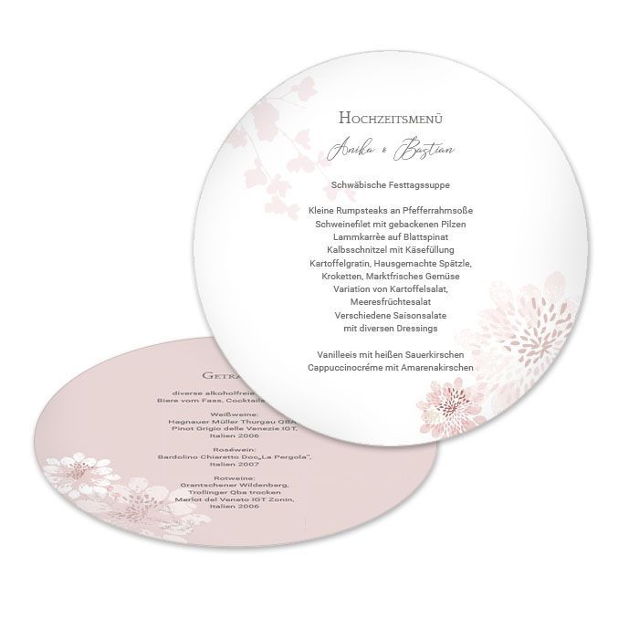 Runde Menükarte zur Hochzeit mit floralem Design in altrosa