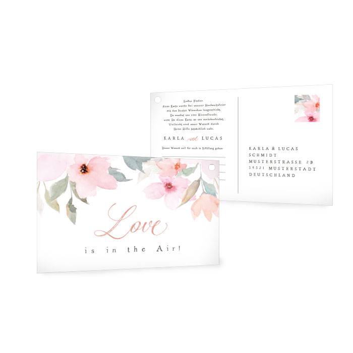 Ballonkarte zur Hochzeit mit Aquarell Blüten in Rosa