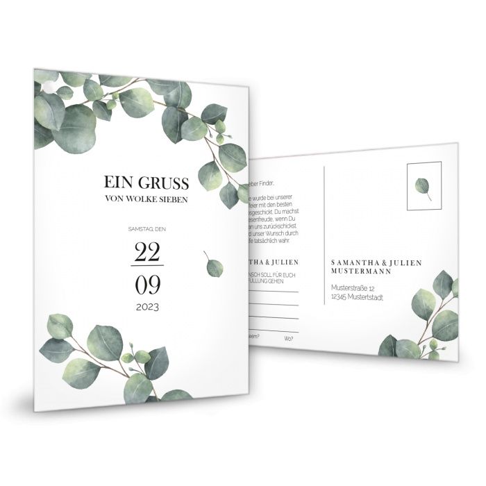 Ballonkarte zur Hochzeit im Greenerystil mit Eukalyptusblättern