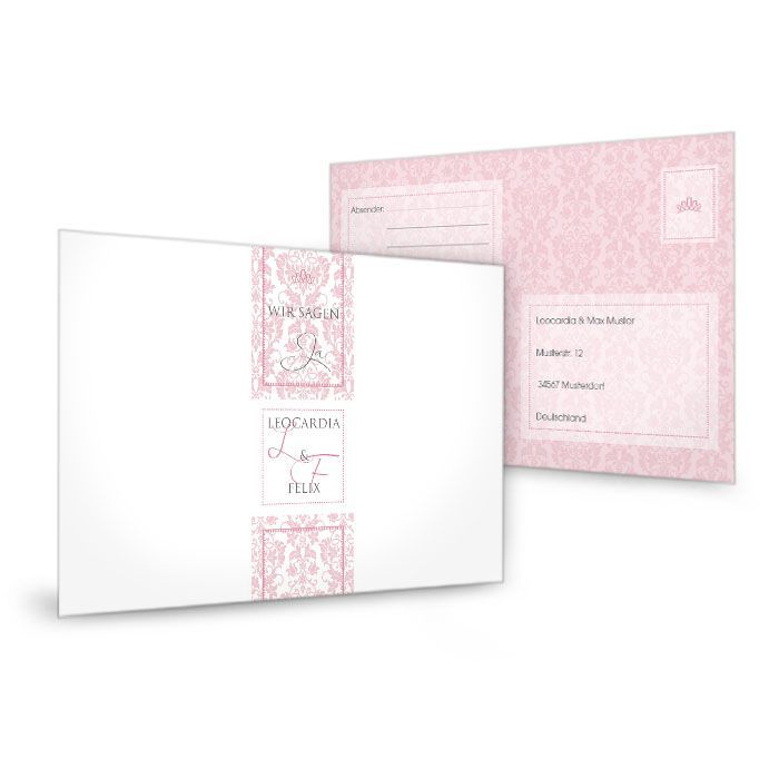 Antwortkarte zur Hochzeit mit barocken Ornamenten in Rosa
