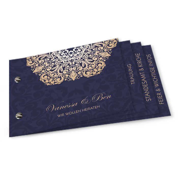Barocke Einladung zur Hochzeit als Booklet in Blau und Gold