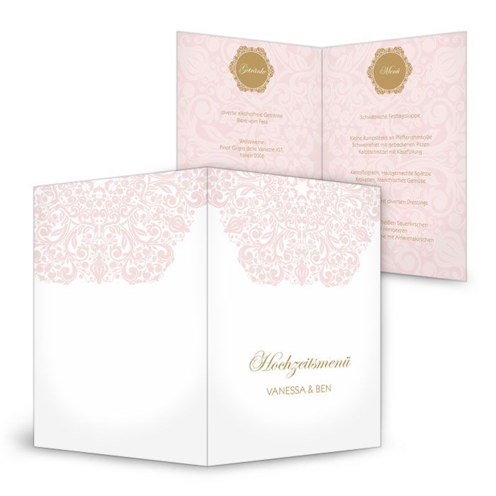Elegante Menükarte zur Hochzeit mit barockem Muster in Rosa