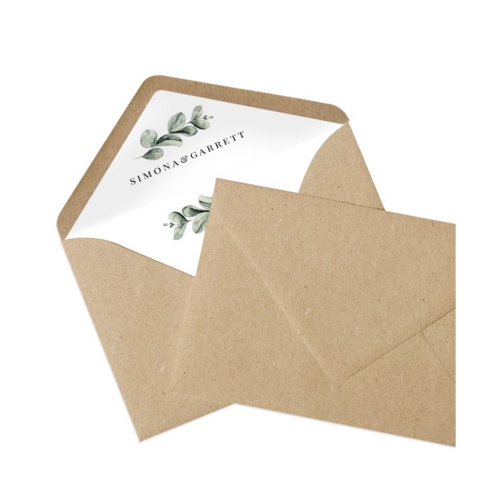 Bedrucktes Briefumschlagsfutter für eure Hochzeitskarten mit Namen und Eukalyptus - Kraftpapier