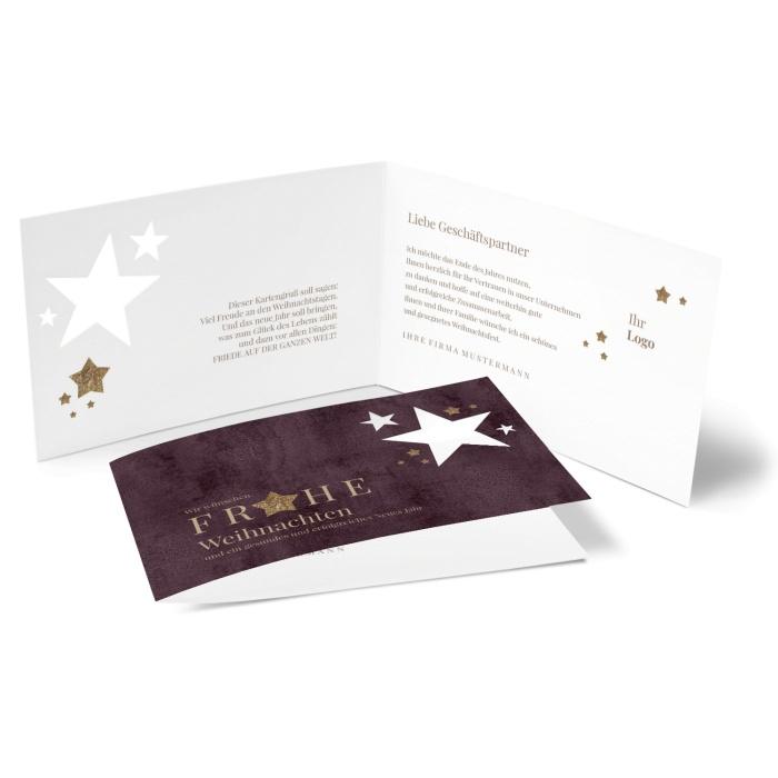 Besondere Weihnachtskarte mit Stanzung eines Sternenmotivs in Bordeaux