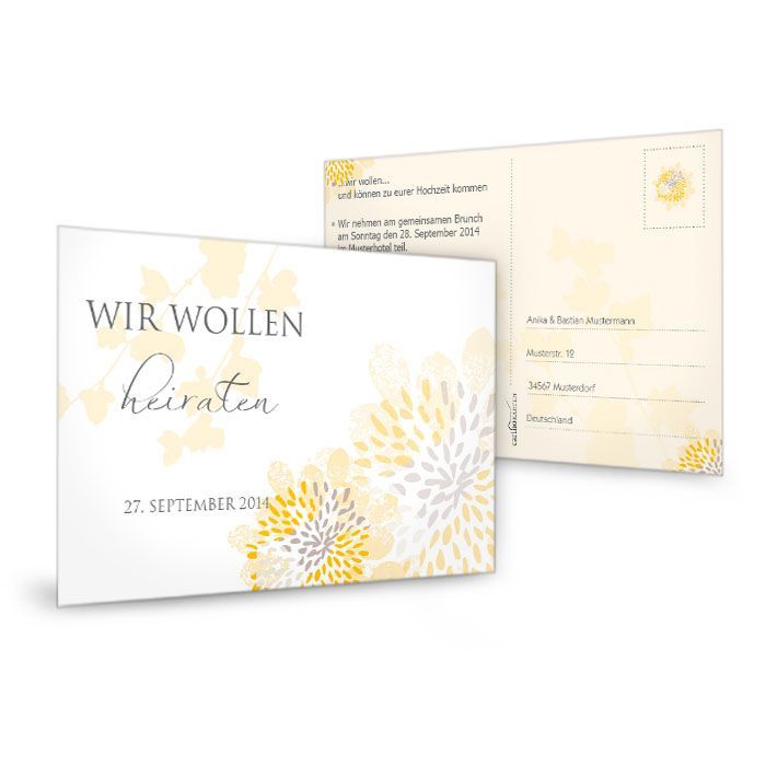 Antwortkarte zur Hochzeit mit floralem Muster in Gelb