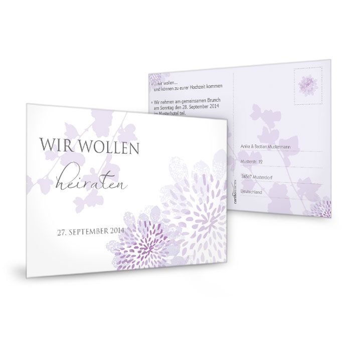Antwortkarte zur Hochzeit mit floralem Muster in Flieder