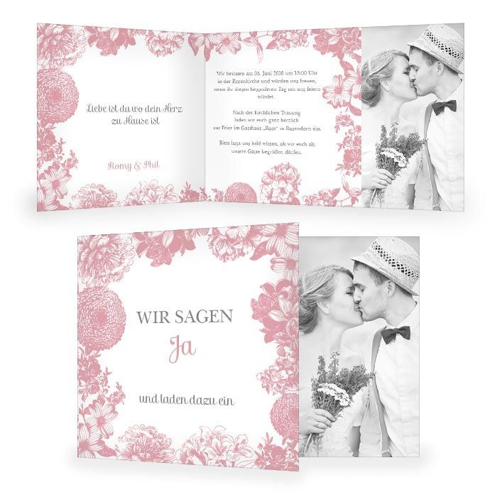 Hochzeitseinladung als Klappkarte mit Blumen in Rosa