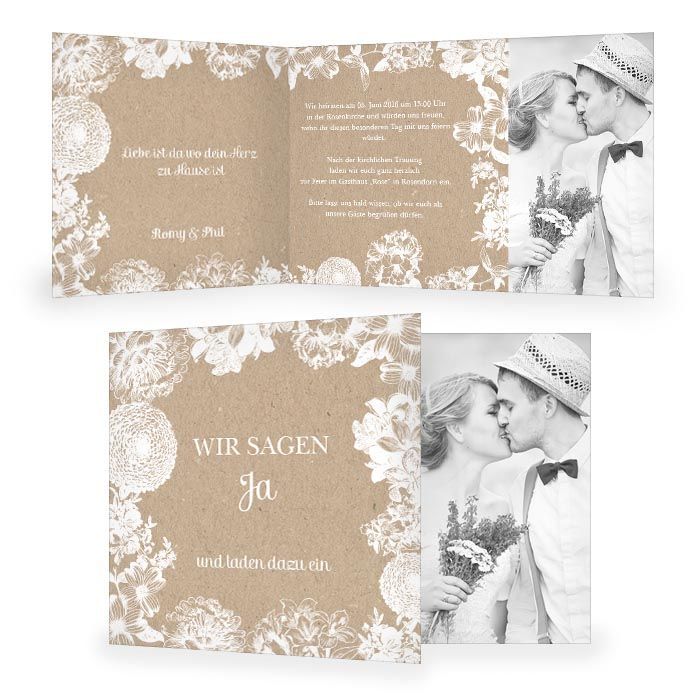 Florale Hochzeitseinladung als Klappkarte im Kraftpapierstil