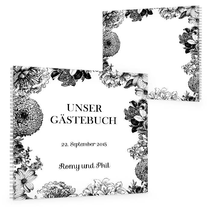 Gästebuch zur Hochzeit mit Blumenmotiv in Schwarz und Weiß