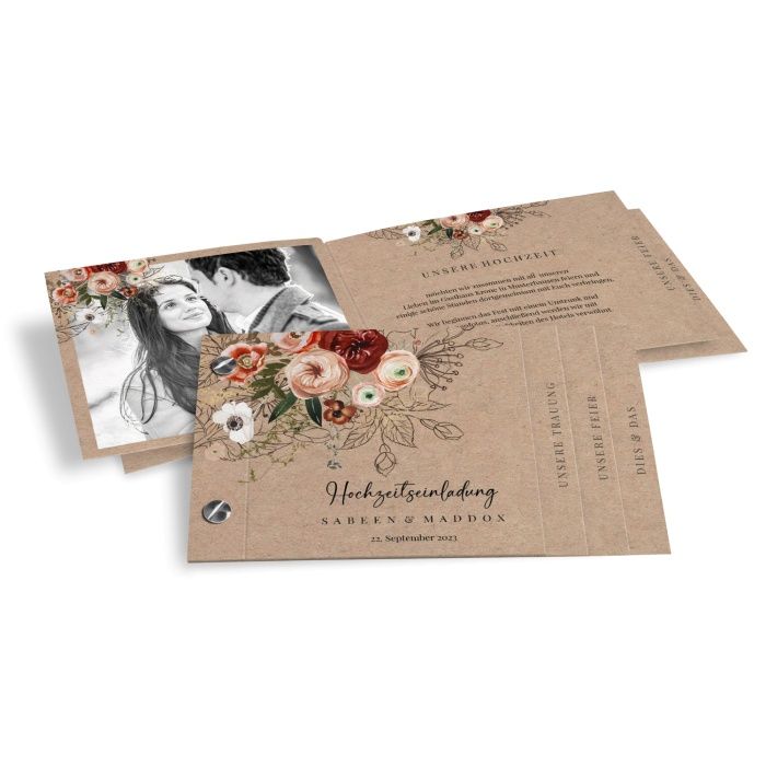 Booklet Hochzeitseinladung in Kraftpapieroptik mit authentischen Aquarellblumen in Rot