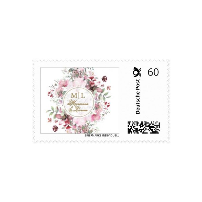 Briefmarke mit euren Namen und euer Design mit bunten Aquarellblumen in Weiss