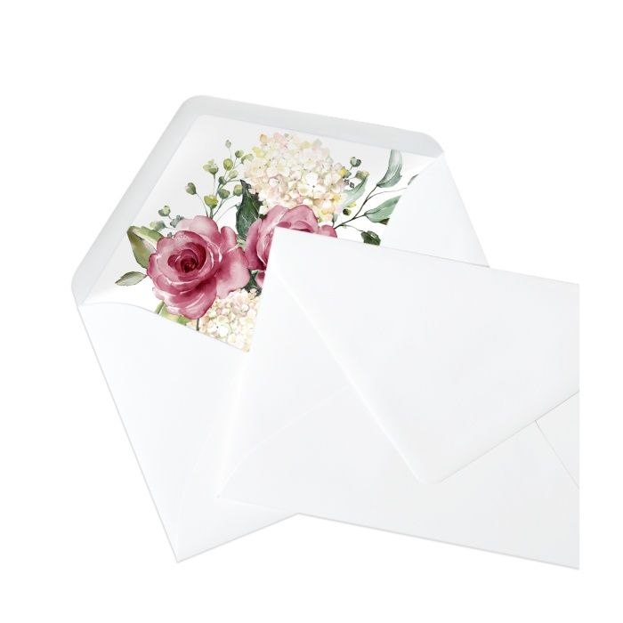 Weißer Briefumschlag mit bedrucktem Inlay und Aquarellblumen