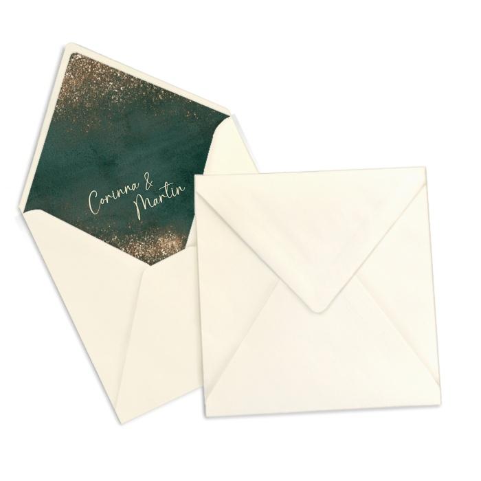 Ivory Briefumschlag mit Innenfutter in dunkelgrüner Aquarelloptik mit Goldbrush