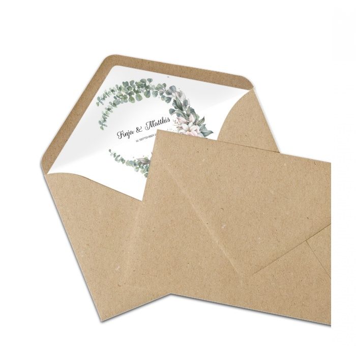 Briefumschlagsinlay mit Eukalyptus und Aquarellrose - Kraftpapier